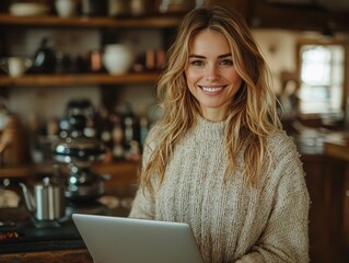 Smiling woman with long blonde hair, holding a laptop, standing in a cozy kitchen setting