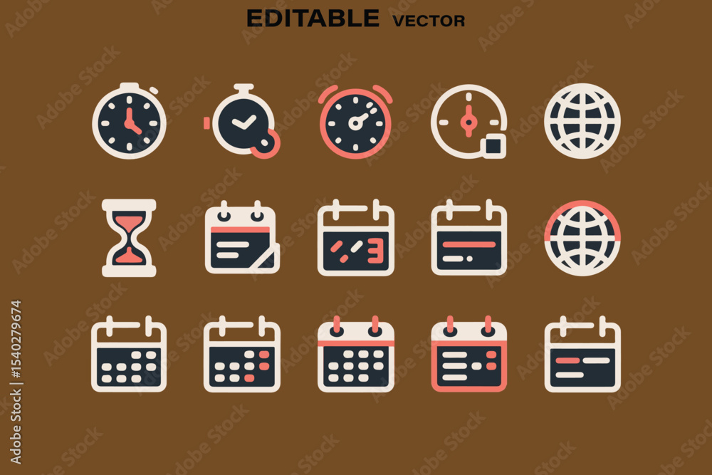 Poster collection of time and date icons for scheduling and planning