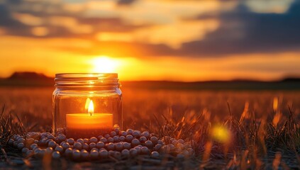 Sunset scene with candle in glass jar