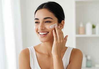 Smiling woman applying facial cream in bathroom, skincare routine ai generated