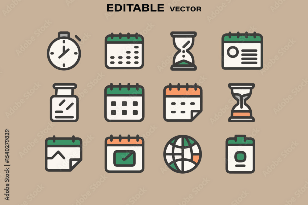 Poster twelve editable vector icons for time management and scheduling