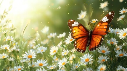 Digitally painted image of an orange butterfly amongst a field of white daisies, bathed in sunlight