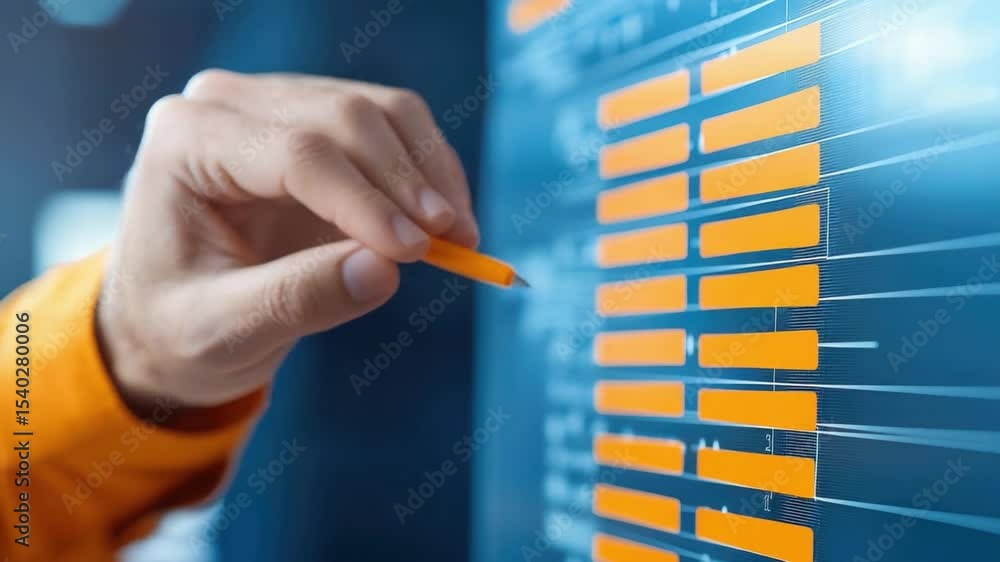 Poster hand holding pen writing on digital screen with data charts and graphs in modern office environment 