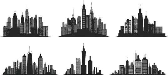 Obraz premium Six black silhouette cityscapes against a white background in a repeating pattern formation