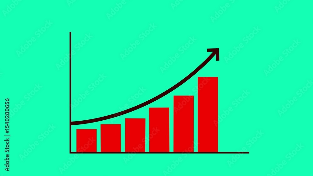 Poster visual representation of upward trending financial data with red bar graph and a rising curved arrow