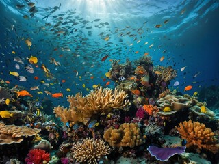 Naklejka premium Colorful coral reef underwater with vibrant marine life