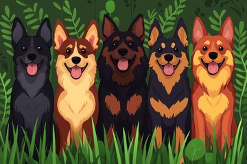 Five Happy Dogs Sitting in Grassy Bush Setting