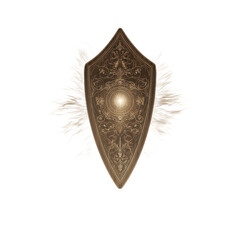 Ornate Bronze Shield with Glowing Center and Abstract White Burst Background