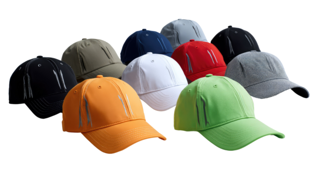 Caps Collection: A diverse array of caps, each showcasing a unique color and design, meticulously arranged to highlight their individual features, offering a visual spectacle of headwear