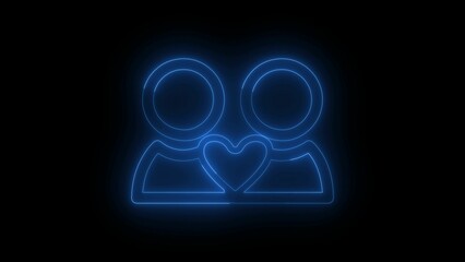 Glowing neon outline of two figures embracing with a heart symbolizing love and connection on a black background