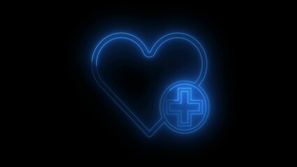 Glowing blue neon heart and medical cross symbol on a dark black background health and medicine concept illustrating emergency care and vitality