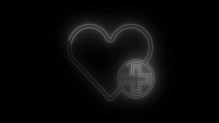 Glowing neon heart with plus sign symbolizing health care support and medical assistance on a deep black background