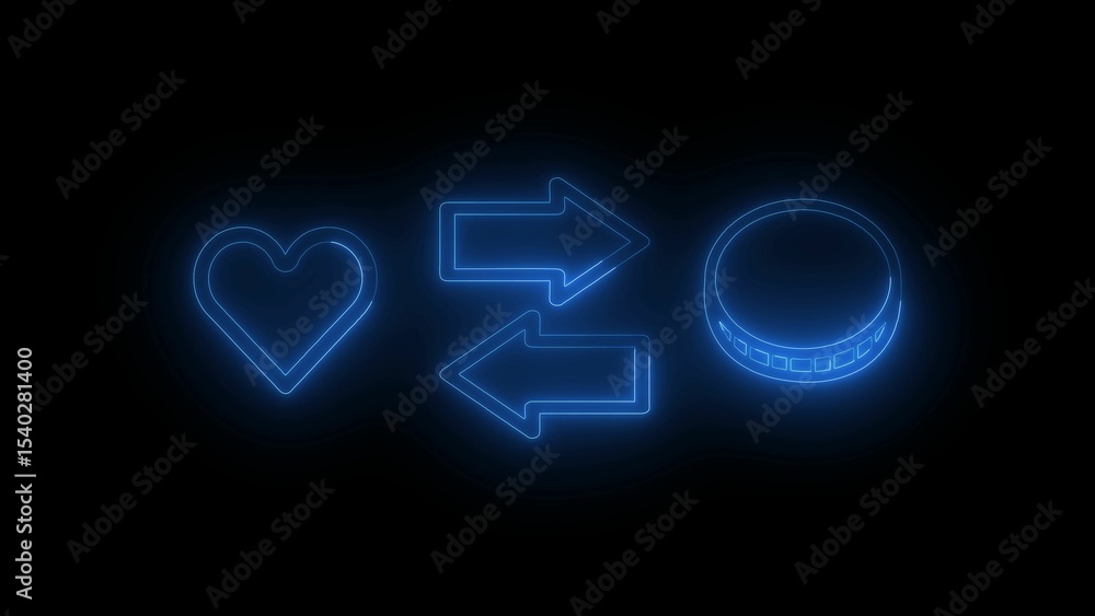 Poster glowing neon heart arrows and circle concept on a dark background depicting connection and flow