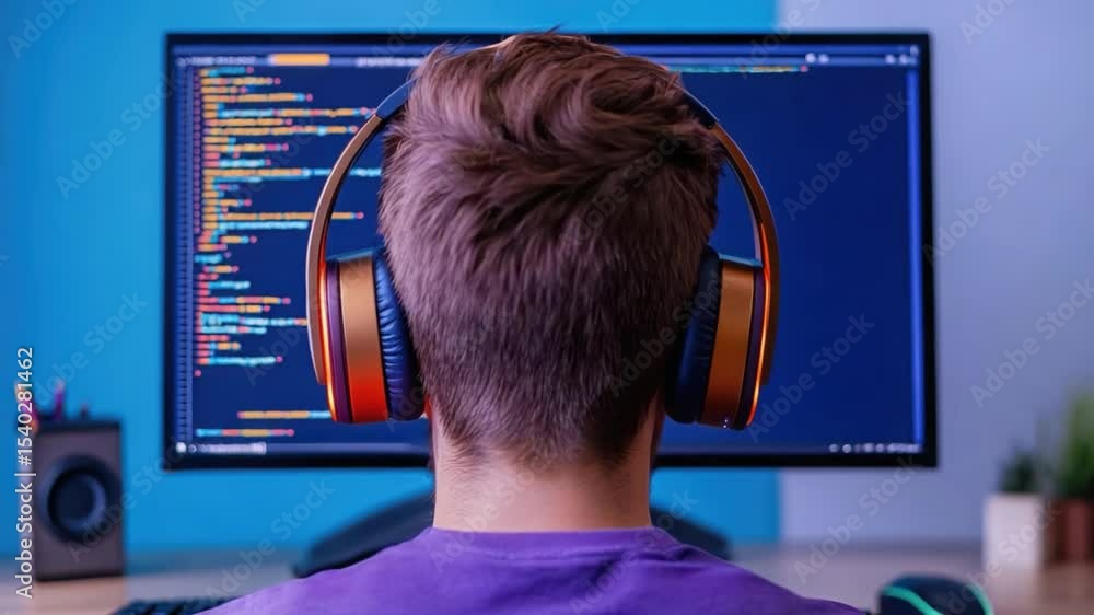 Poster young programmer focused on coding in modern workspace with headphones, back view of individual in f