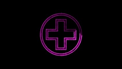 Glowing pink medical cross symbol isolated against a black background ideal for healthcare and first aid related concepts