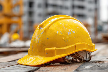 Plastic hardhat, helmet on background. Concept of protection inspecting at construction site, symbol of builder's death, day of mourning, civil engineering concept, builder's day