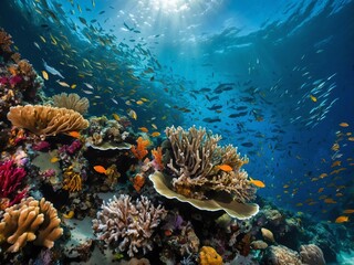 Naklejka premium Colorful coral reef underwater with vibrant marine life