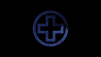 Glowing blue medical cross symbol on black background representing health emergency first aid and healthcare concepts