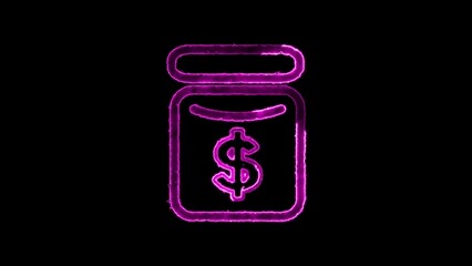 Neon glow illustration of a money jar with dollar symbol representing savings financial planning and investments concept on black background