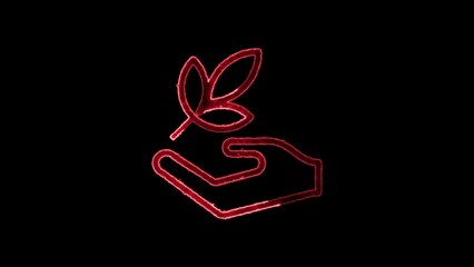 Conceptual illustration of a hand holding a plant icon in glowing red on a black background representing growth and care