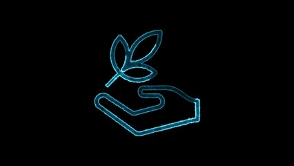 Glowing blue hand holding a green leaf symbolizing nature and environmental protection on black background