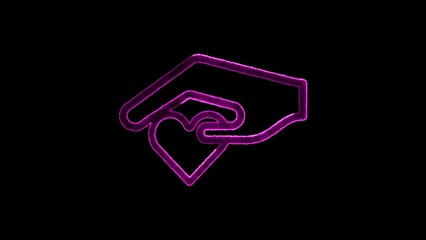 Glowing neon hand giving heart symbol concept of charity love kindness and generosity on black background