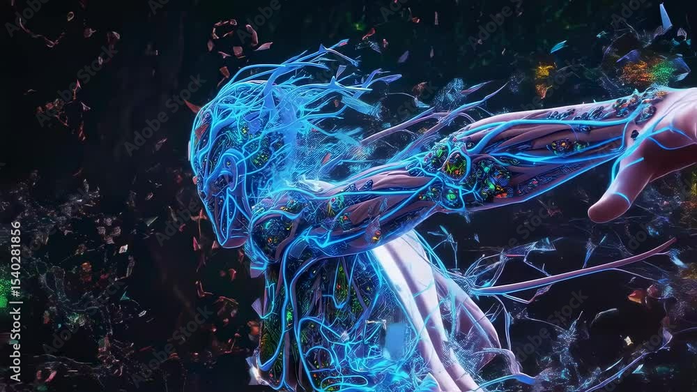 Poster woman composed of glowing neural network lines. artificial intelligence and human-machine interface 