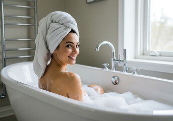 Woman in bathtub with towel on head smiling, looking over her shoulder ai generated