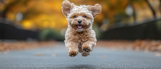 A joyful, fluffy dog leaps mid-air against a blurred autumnal backdrop