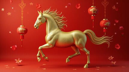 Golden horse galloping on red background with chinese lanterns, symbol of chinese new year 2026