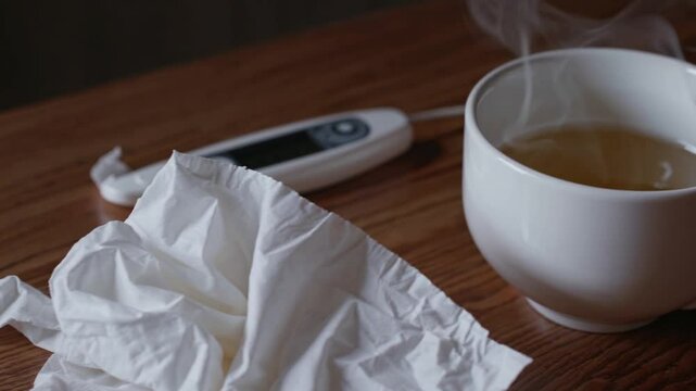 Warm drink and tissues on a wooden table during cold season recovery