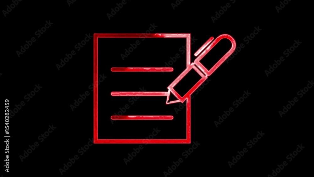 Poster red outline icon of a document being written on with a pen on a black background illustrating a conc