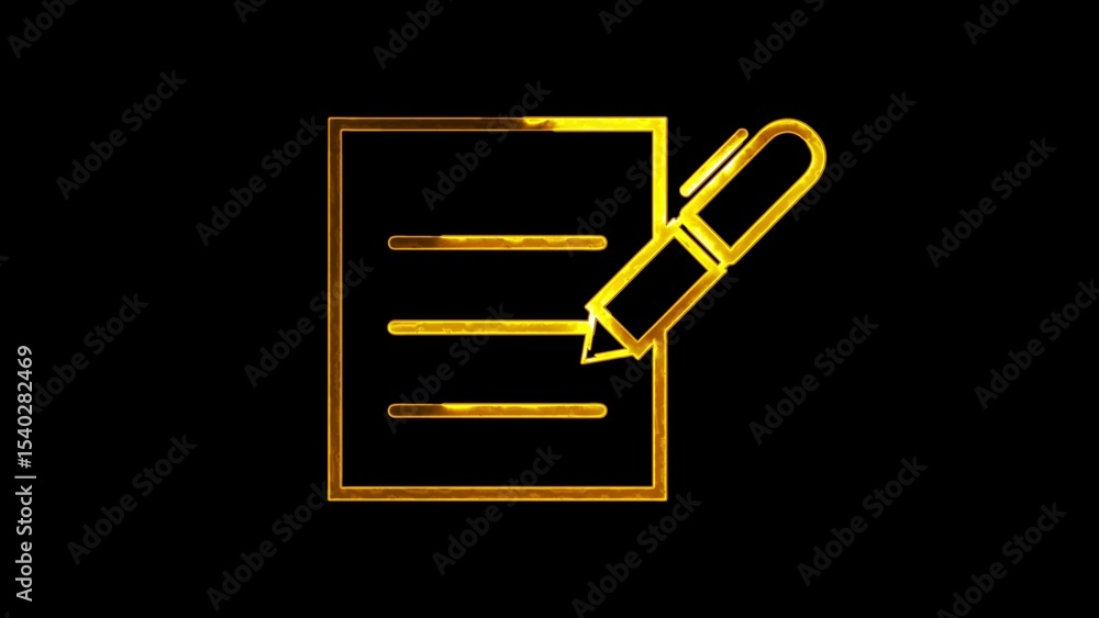 Poster golden outline of a document with a pen symbolizing writing editing or note-taking on a black backgr