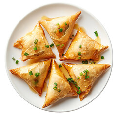 Samosa, samsa or somsa is a triangular fried cake. The filling is boiled potatoes seasoned with spices mixed with peas, onions, cilantro, and sometimes paneer. This snack is popular in Central Asia, S