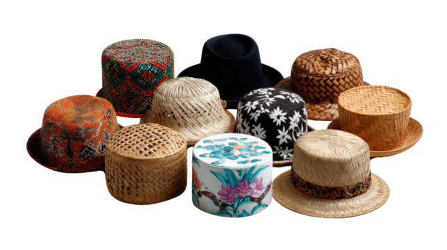 Assortment of Hats: A captivating assortment of hats, each boasting its own unique design and style, from elegant felt fedoras to intricately woven straw creations.