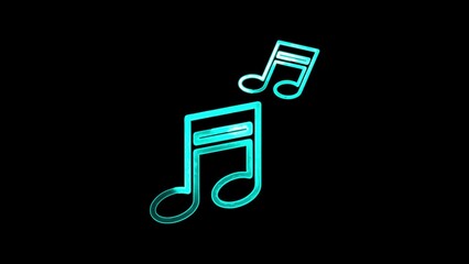 Two glowing musical notes in a teal neon style against a dark black background symbolizing music and audio concepts.