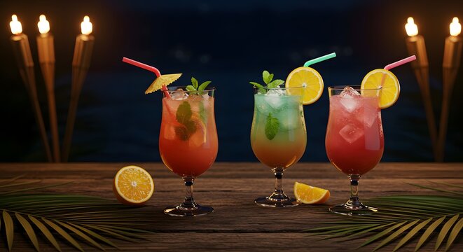 Colorful tropical cocktails with fruit garnishes on a wooden bar table with palm leaves and tiki torches at a beach night party