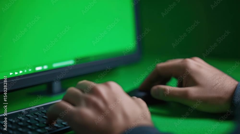 Poster hands typing on a keyboard with green screen background for editing or graphic design projects