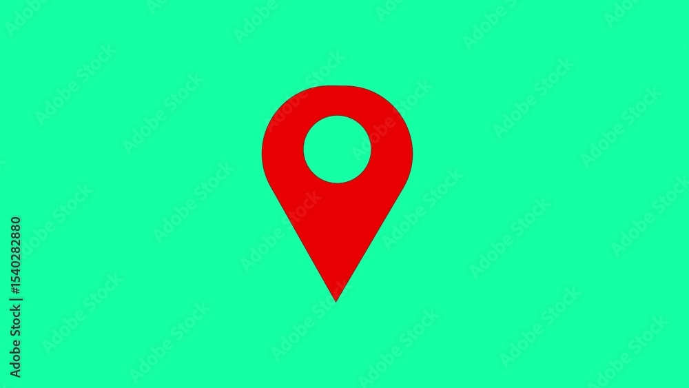 Poster simple red location pin icon centered against a bright teal green background representing navigation