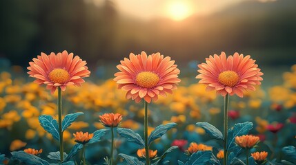 Digitally enhanced image of three prominent peach-colored daisies in a field of smaller, similarly colored flowers, with a warm sunset backdrop