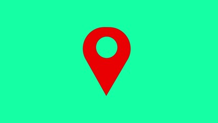 Simple red location pin icon centered against a bright teal green background representing navigation and geographic positioning