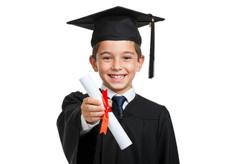 Photo of smiling young boy in graduation gown and cap holding diploma isolated on white
