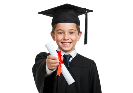 Photo of smiling young boy in graduation gown and cap holding diploma isolated on white