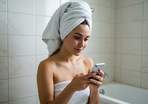 Woman in bathroom with towel using smartphone after shower or bath ai generated