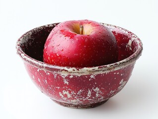 A single, red apple sits in a rustic, red bowl with visible wear and tear, set against a plain white background. 