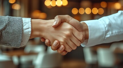 Close-up of a handshake between two people, blurred background