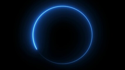 Abstract blue neon circle glow against a dark black background representing technology digital elements and futuristic design concepts for graphic art purposes.