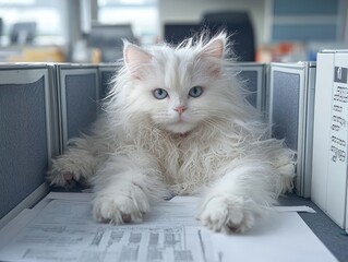Fluffy white cat sitting at an office desk, paws on papers