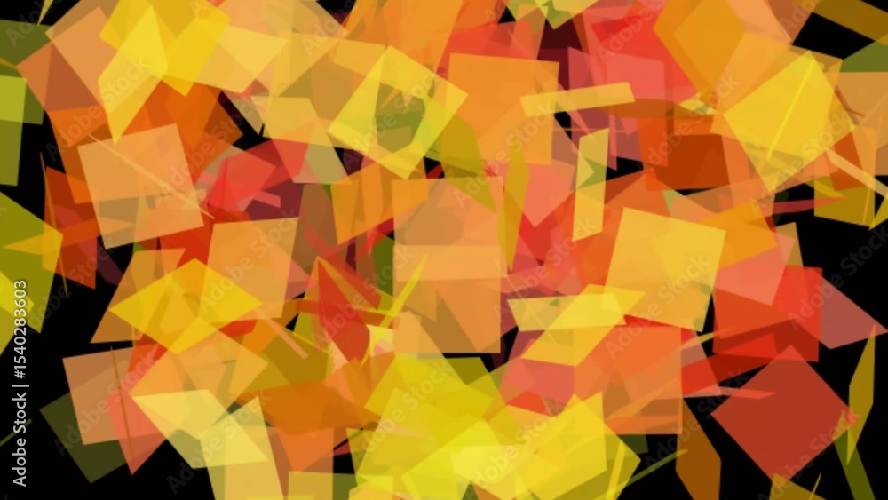 Poster abstract geometric composition of overlapping transparent squares in warm autumnal tones on a black 