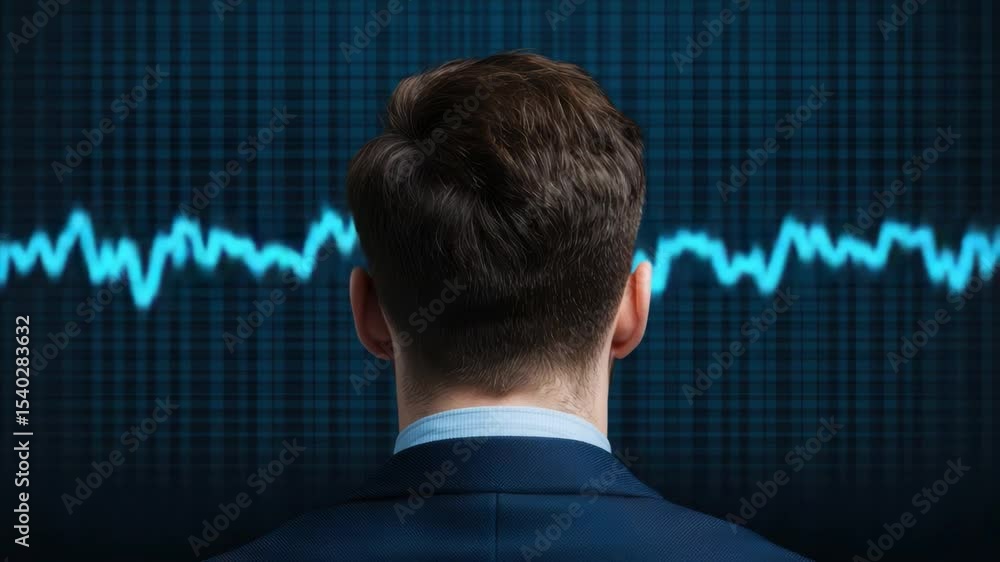 Poster professional man observing audio waveform in background representing sound technology and communicat